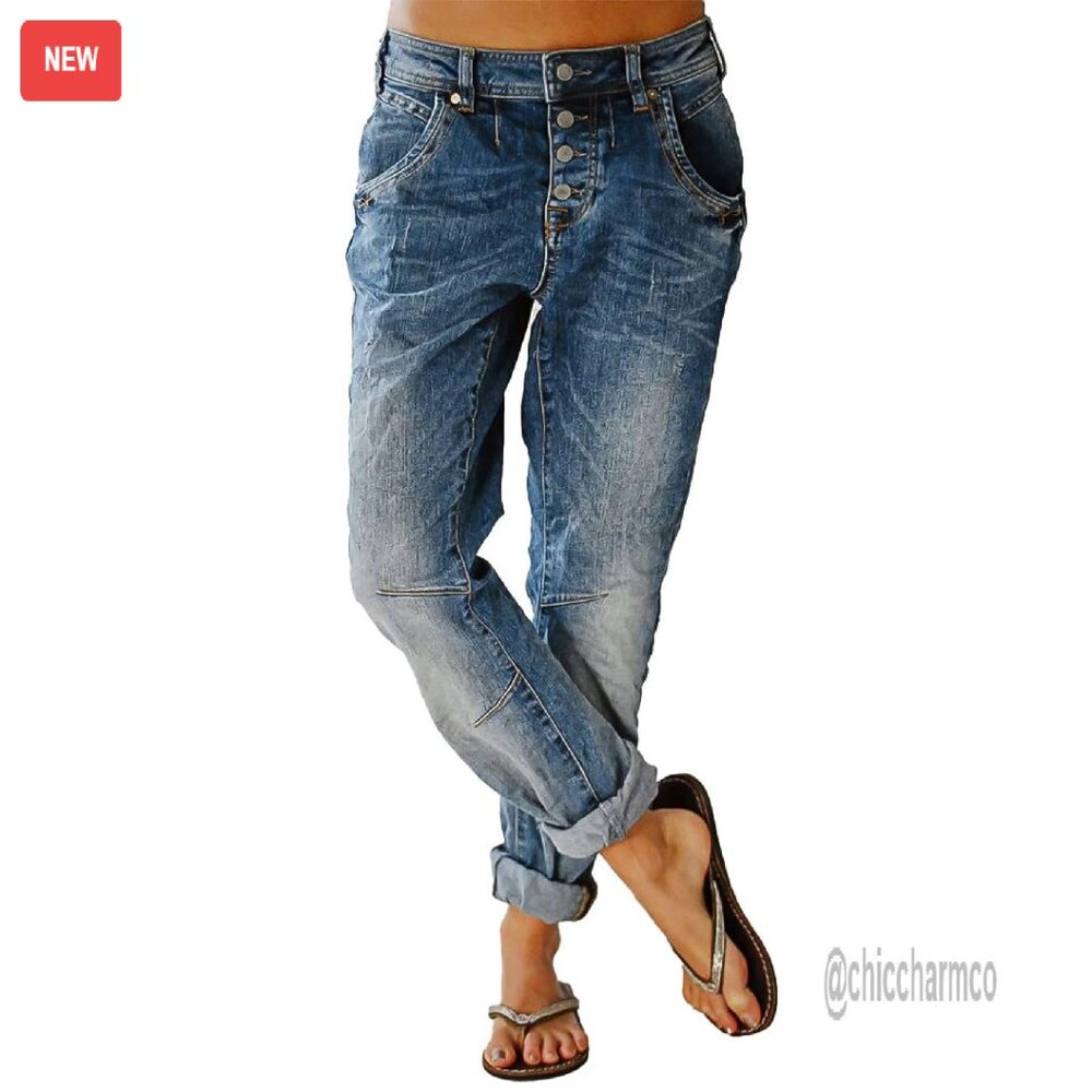 Stretchy Straight Leg Mid Rise Jeans 90s Trendy Denim Button Fly